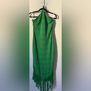 Green Crochet Halter Dress w/ Fringe Hem | Boho Festival | M–L